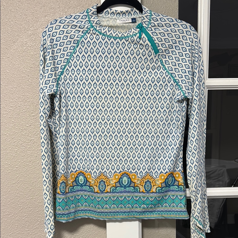 Cabana Life Teal and Gold Geometric Long Sleeve Top